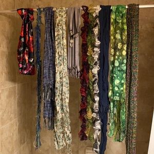 11 Various Scarves - Multiple lengths, colors, thicknesses and materials.